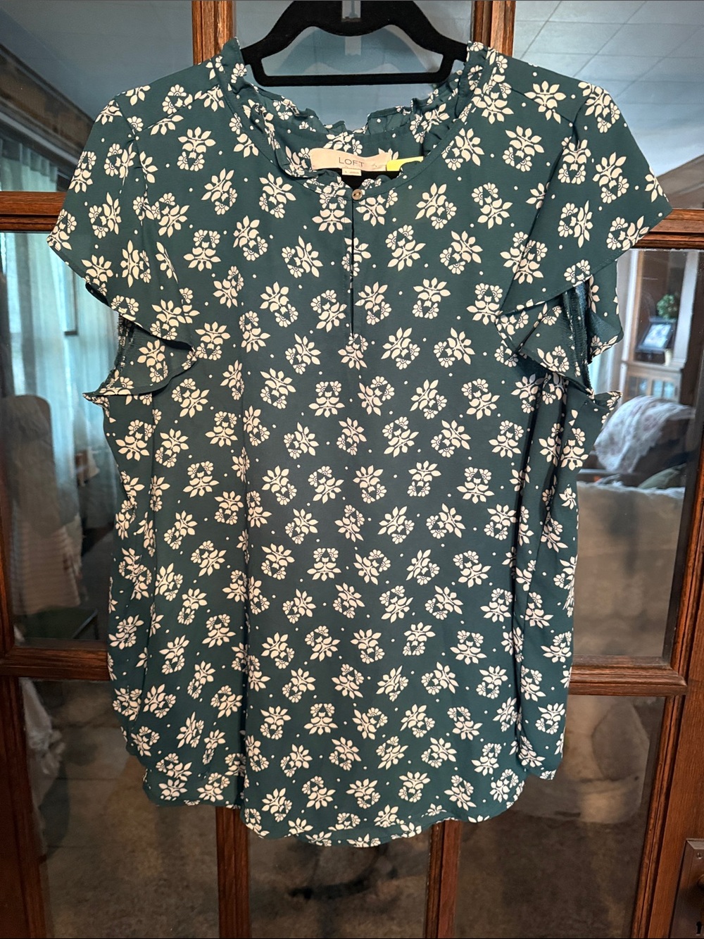 LOFT Teal Floral Ruffle-Sleeve Blouse